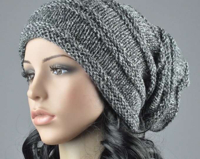 Hand knit hat - Chunky Wool Hat in Black / Grey blend yarn, slouchy hat