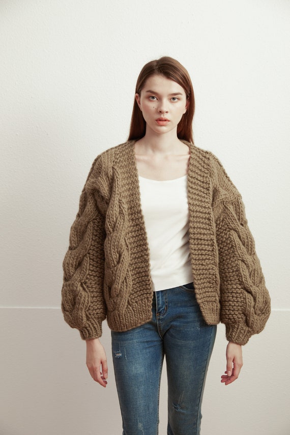 Hand Knit Oversize Woman Sweater Chunky Slouchy Khaki Wool Cable
