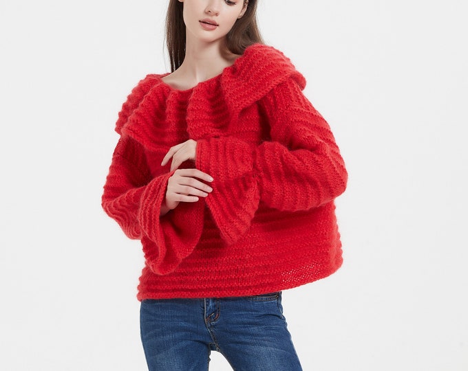 Hand knit woman sweater mohair pullover sweater top ruffled sleeves
