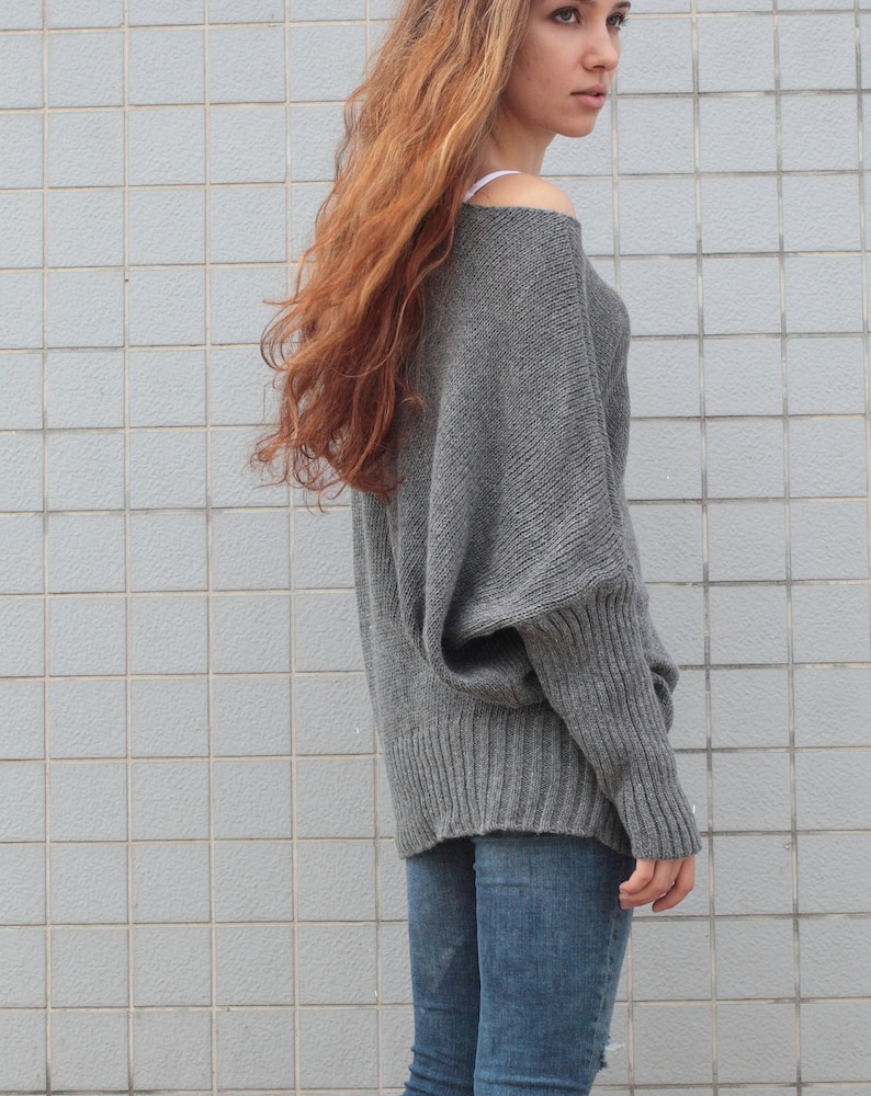 OVERSIZED Woman sweater Knit sweater kimono sleeve charcoal grey pullover wool sweater