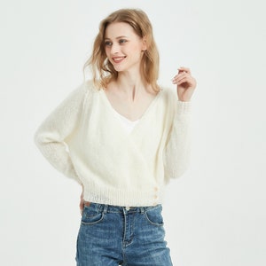 Hand knit woman sweater mohair Light weight long sleeve cross front  sweater