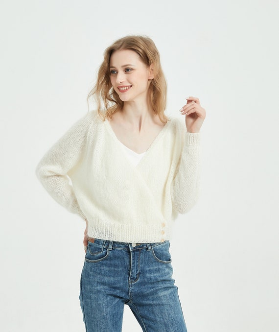 Hand Knit Woman Sweater Mohair Light Weight Long Sleeve Cross