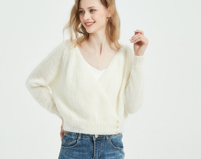 Hand knit woman sweater mohair Light weight long sleeve cross front  sweater