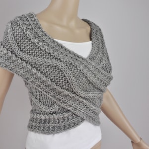 Hand knit woman sweater wool vest Cross Sweater Capelet Neck warmer scarf grey image 1