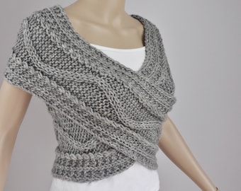 Hand knit woman sweater wool vest Cross Sweater Capelet Neck warmer scarf grey