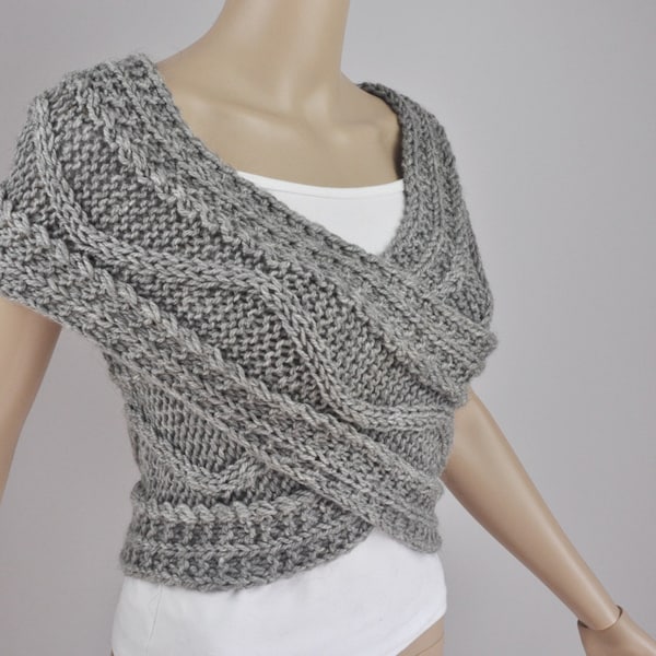Mano punto mujer suéter chaleco de lana Cross Sweater Capelet cuello más cálido bufanda gris