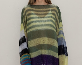 Hand Knit Mohair Sweater Dress: Oversized Striped Pullover