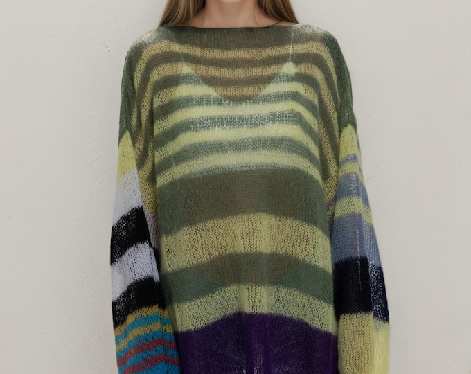 Hand knit woman long sweater OVERSIZED mohair  loose knit color stripped dress sweater top pullover