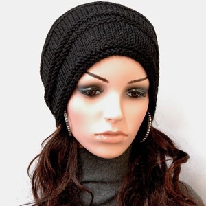 Hand Knit hat woman hat man hat Black Wool Hat Slouchy hat image 3