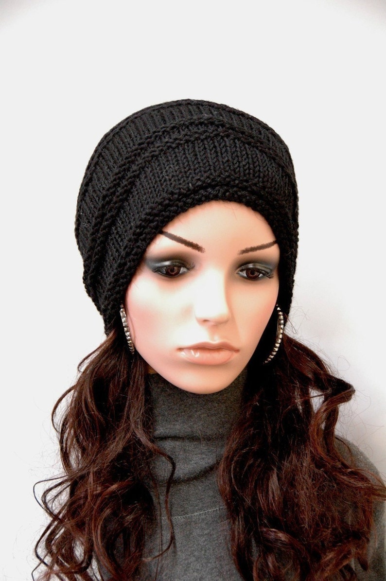 Hand Knit hat woman hat man hat Black Wool Hat Slouchy hat image 3