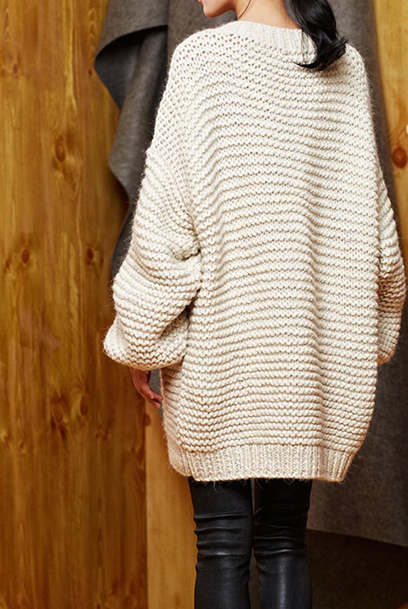 Hand knit oversize woman sweater Crew neck slouchy wool oats cream sweater Cream