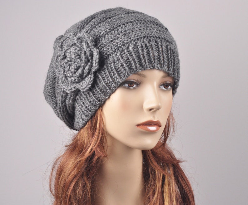 Hand Knit woman winter wool Hat Oversized Beret Hat with crochet flower Charcoal/ dark grey image 2