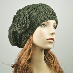 Hand Knit woman winter wool Hat Oversized Beret Hat with crochet flower Charcoal/ dark grey Olive