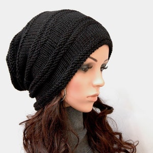 Hand Knit hat woman hat man hat Black Wool Hat Slouchy hat