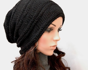 Hand Knit hat woman hat man hat Black Wool Hat Slouchy hat