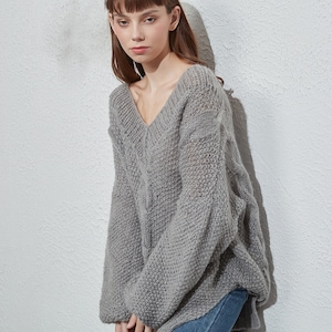 Hand knit oversize woman sweater crewneck slouchy mohair pullover cable knit sweater image 4