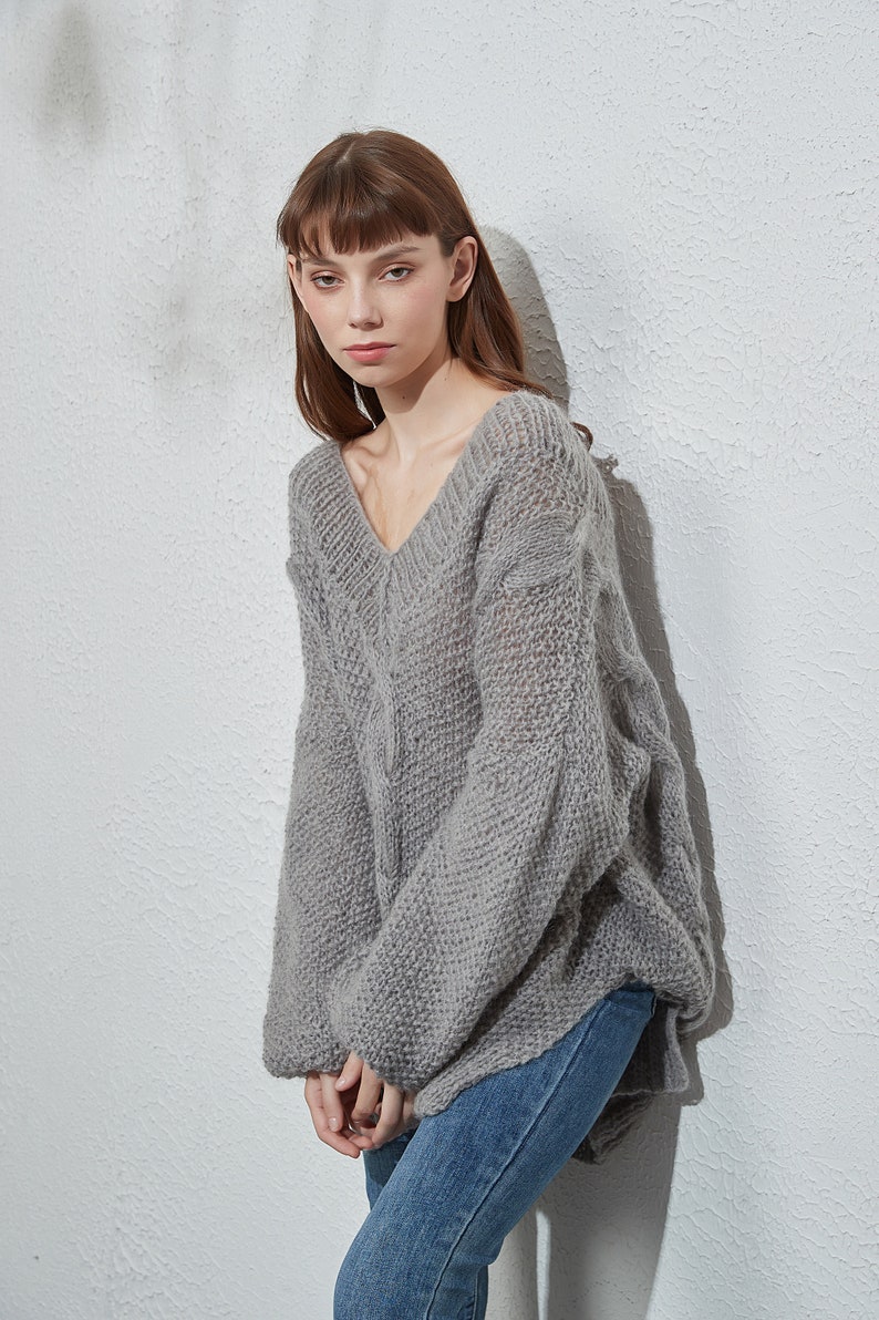 Hand knit oversize woman sweater crewneck slouchy mohair pullover cable knit sweater image 4