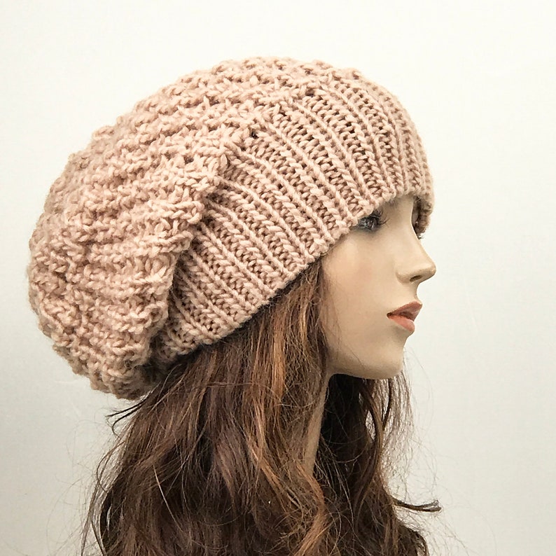 Hand knit woman hat Oversized Chunky Wool Hat slouchy hat Peach hat image 3