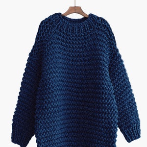 Hand knit oversize woman sweater Crew neck slouchy wool oats cream sweater Navy