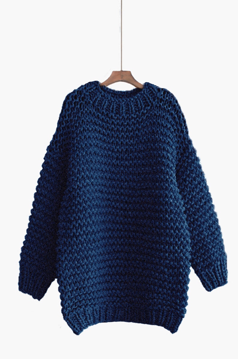 Hand knit oversize woman sweater Crew neck slouchy wool oats cream sweater Navy