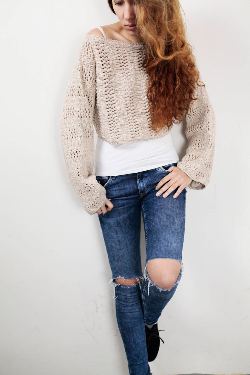 Hand knit sweater Little cover up top cropped sweater wheat pullover sweater image 1