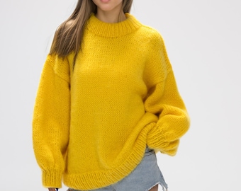 Hand knit woman long sweater OVERSIZED mohair dress sweater top yellow crew neck pullover