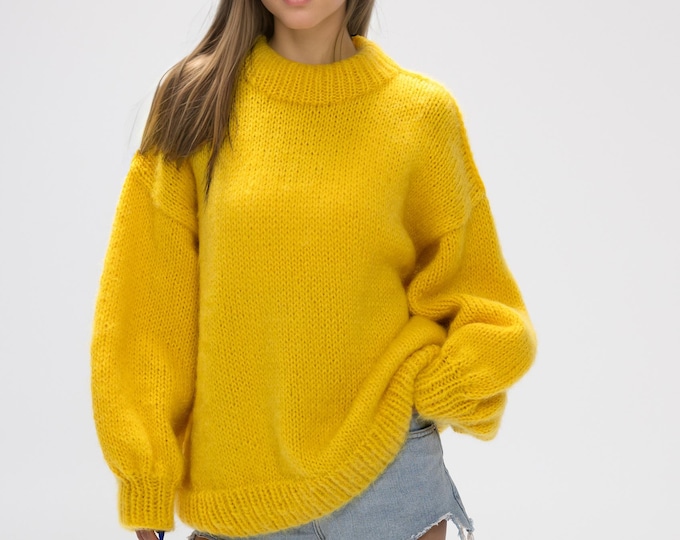 Hand knit woman long sweater OVERSIZED mohair dress sweater top yellow crew neck pullover