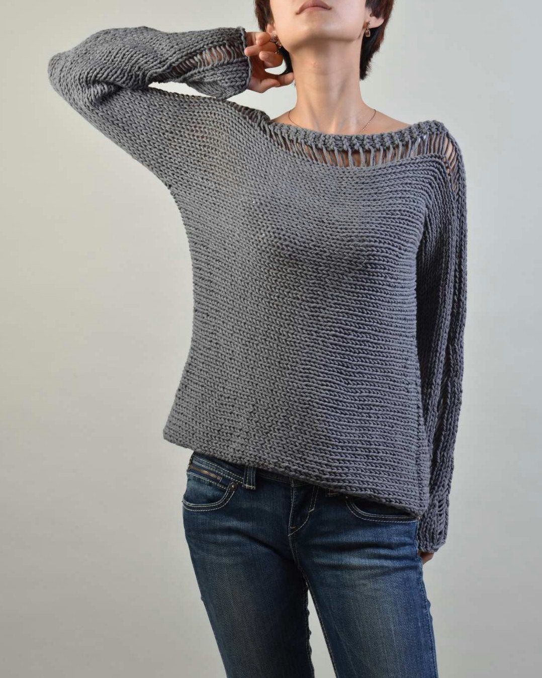 Hand Knit Woman Sweater Eco Cotton Charcoal Sweater Dark Grey - Etsy