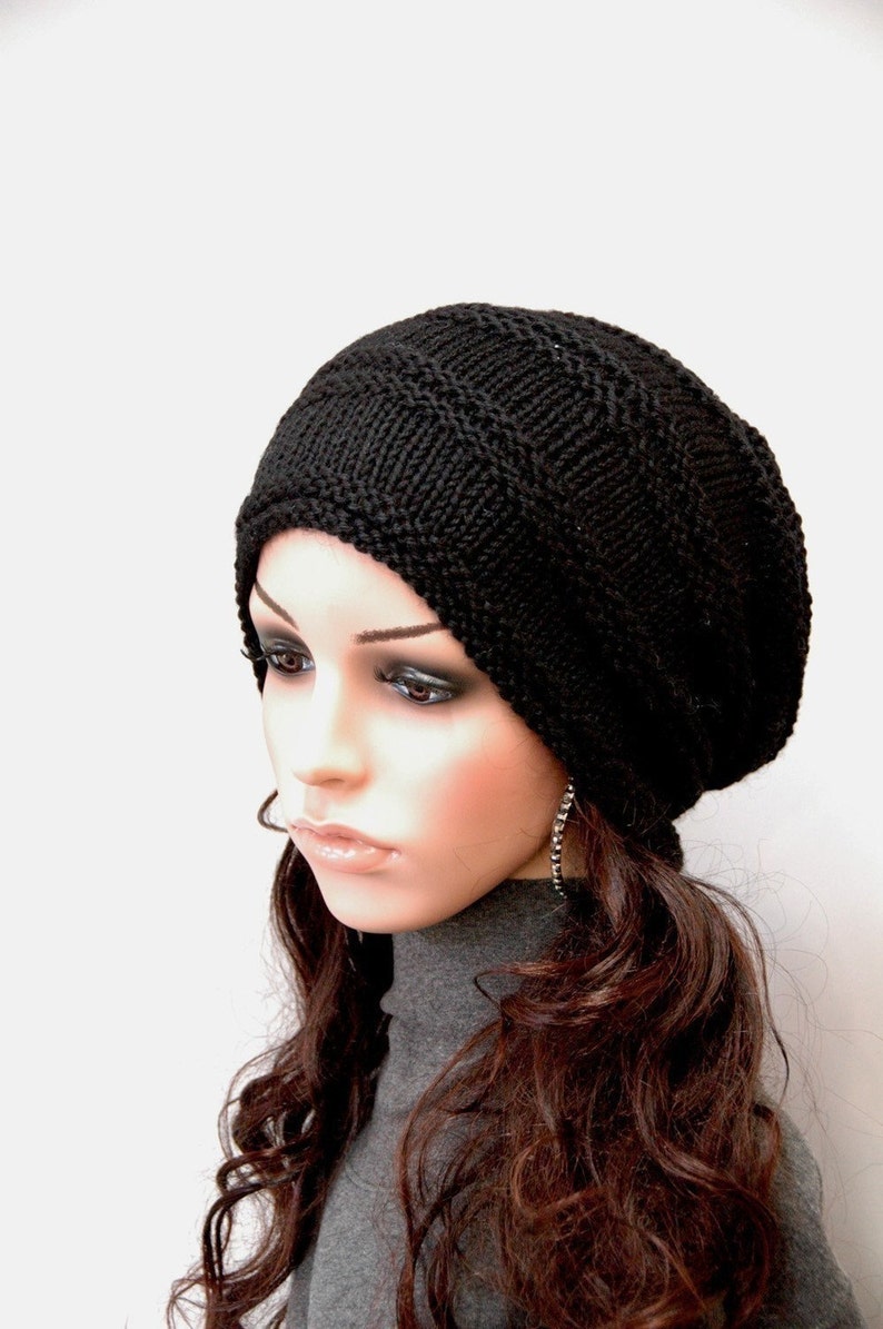 Hand Knit hat woman hat man hat Black Wool Hat Slouchy hat image 2