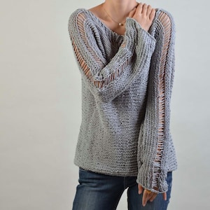 Hand Knit Woman Sweater - Eco Cotton sweater in light Grey