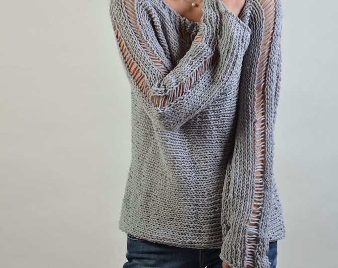 Hand Knit Woman Sweater - Eco Cotton sweater in light Grey