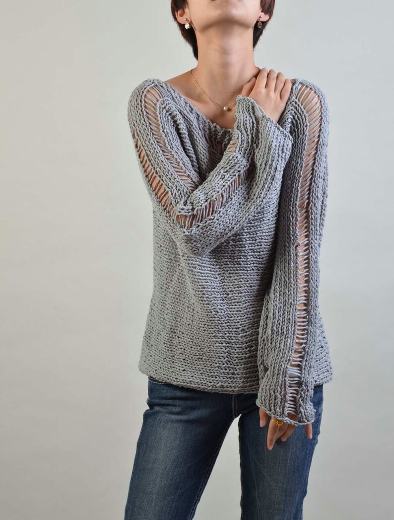 Hand Knit Woman Sweater Eco Cotton Sweater in Light Grey - Etsy