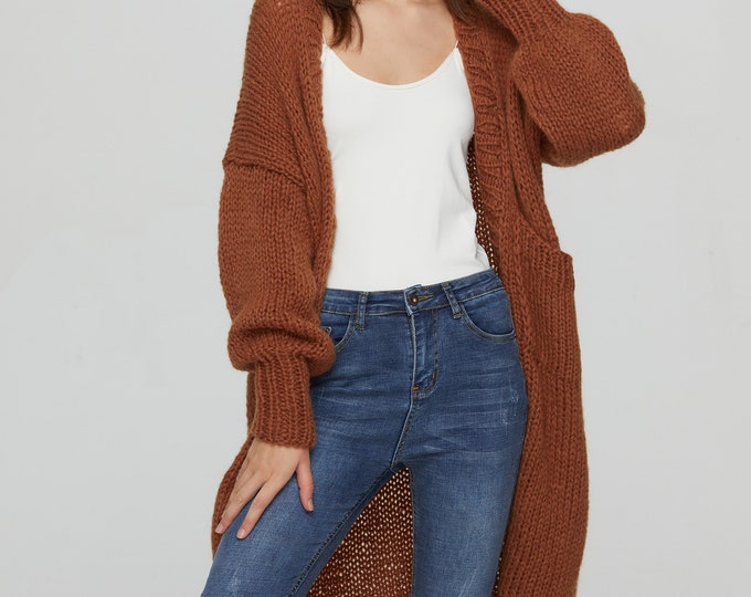 Hand knit oversize woman sweater Mohair sweater long cardigan Brown Sugar