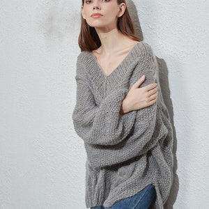 Hand knit oversize woman sweater crewneck slouchy mohair pullover cable knit sweater image 5