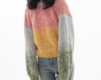 Hand knit woman sweater mohair Jumper multicolor knit sweater top pullover