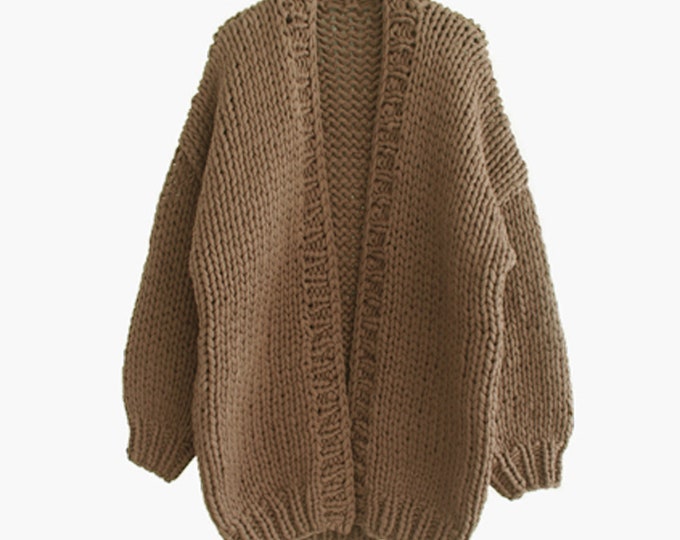 Hand knit oversize woman sweater chunky slouchy Mocha wool cardigan