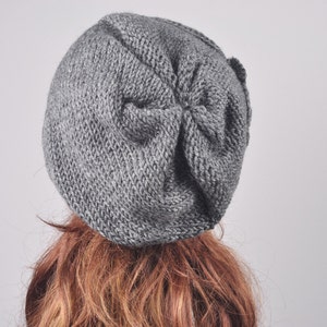 Hand Knit woman winter wool Hat Oversized Beret Hat with crochet flower Charcoal/ dark grey image 3
