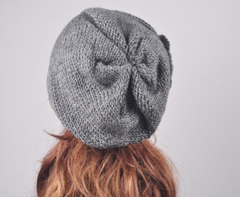 Hand Knit woman winter wool Hat Oversized Beret Hat with crochet flower Charcoal/ dark grey image 3