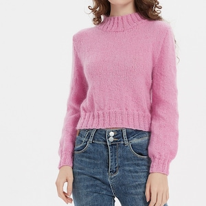 Hand knit woman sweater mohair pullover cropped short sweater