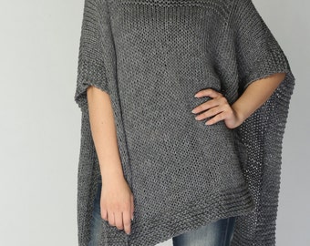 Hand knitted Poncho/ capelet in Charcoal eco cotton poncho - ready to ship