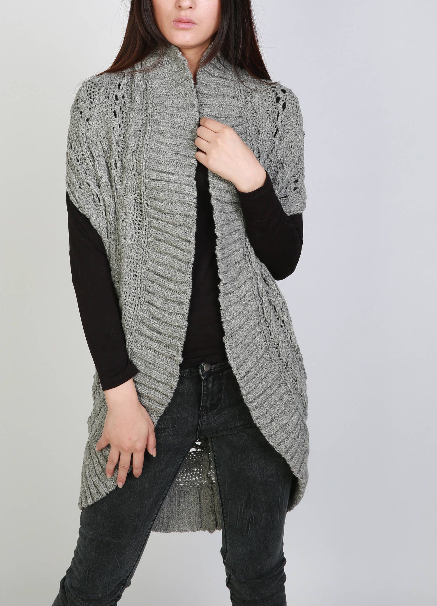 Hand knit long vest sweater Wool cadigan grey woman sweater