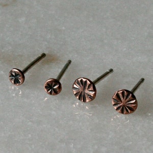 Two pairs of Round Hammered Copper Stud Earrings, Rustic Copper Stud Earrings, Earrings for Cartilage and Lobes, Rustic Western Style