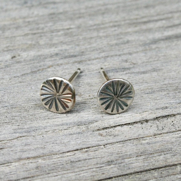 Small 6mm Rustic Stamped Silver Dot Earrings, Antiqued Patina Finish, Unique Stamped Sunshine Design, Minimalist, Boho Inspired Studs
