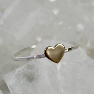 Gold Color Heart Ring, Minimal Hammered Silver Ring with 6mm Brass Heart, Anniversary Gift, Cute Heart Ring, Stackable Rings