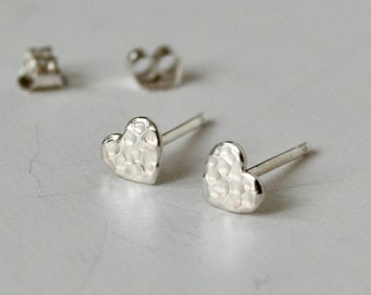 Sterling Silver Heart Stud Earrings, Textured Metal, 5mm, Handmade Jewelry, Birthday gift for Girls