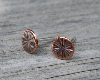 Small 6mm Rustic Hammered Copper Dot Earrings, Sunshine Design, Minimalist, Boho Copper Jewelry, Stamped Copper Jewelry, 7th Anniversary