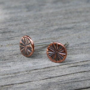 Small 6mm Rustic Hammered Copper Dot Earrings, Sunshine Design, Minimalist, Boho Copper Jewelry, Stamped Copper Jewelry, 7th Anniversary