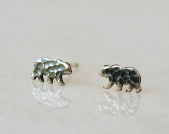 Rustic Hammered Sterling Silver Bear Stud Earrings: Mountain Style
