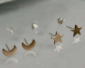 Yellow Gold Star and Crescent Moon Earrings, Sterling Silver Crescent Moon Studs, Star Stud Earrings, 7mm Star Earrings, Rose Gold Filled