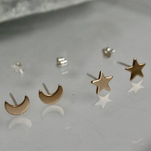 Yellow Gold Star and Crescent Moon Earrings, Sterling Silver Crescent Moon Studs, Star Stud Earrings, 7mm Star Earrings, Rose Gold Filled